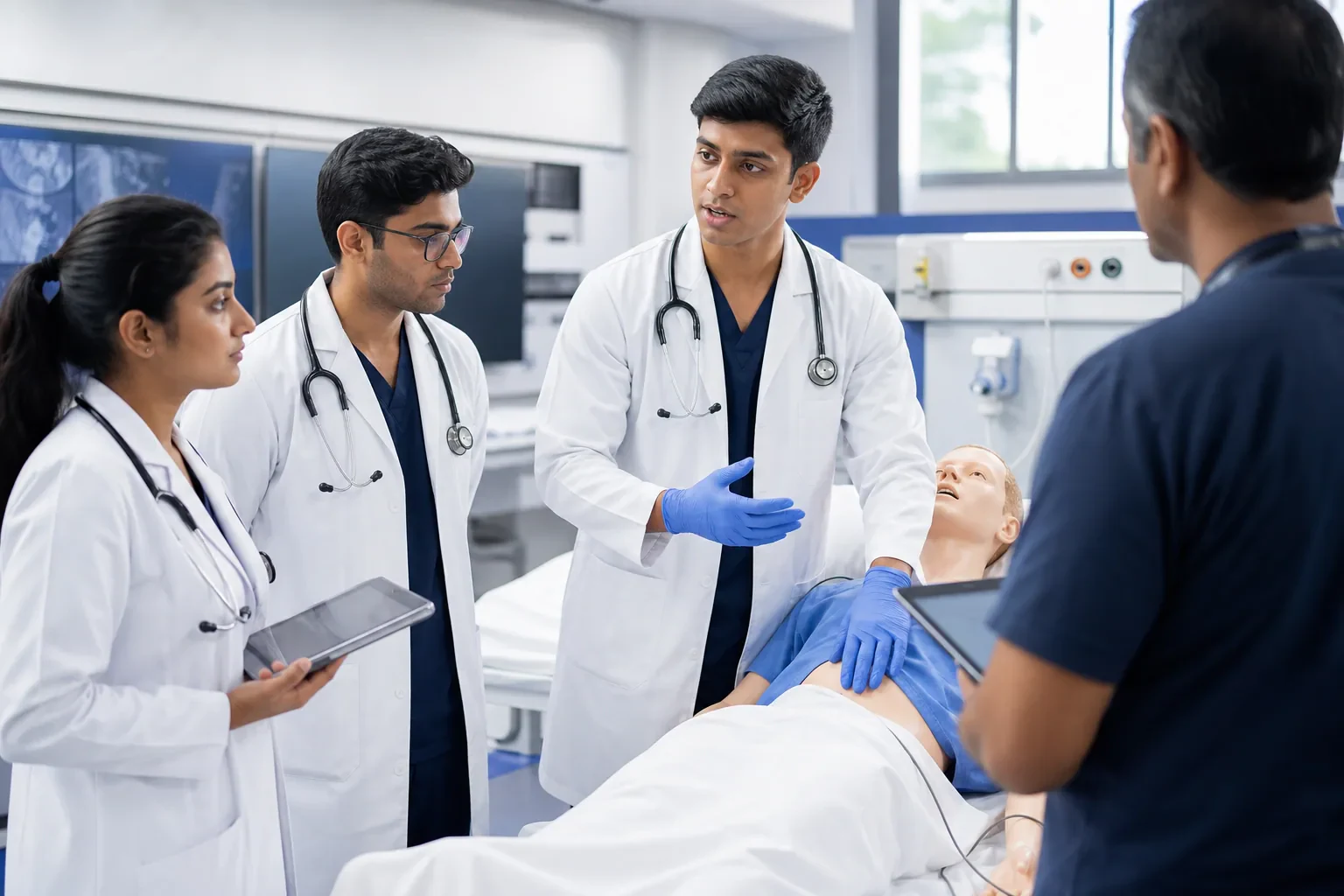Medical students practicing on a manikin in a simulation lab with a faculty mentor