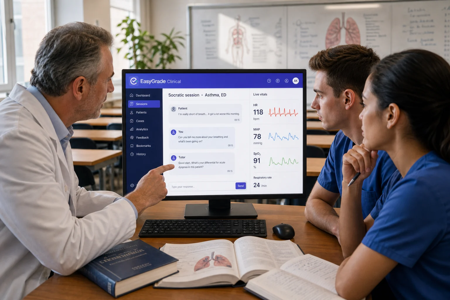 A professor and medical students in a medical-institute classroom reviewing EasyGrade Clinical on a desktop monitor — Socratic asthma case and teaching vitals.