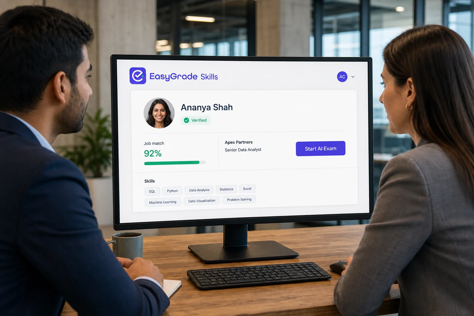 An employer and a colleague reviewing EasyGrade Skills on a desktop monitor — assessed resume, 92% job match, and an AI exam request.