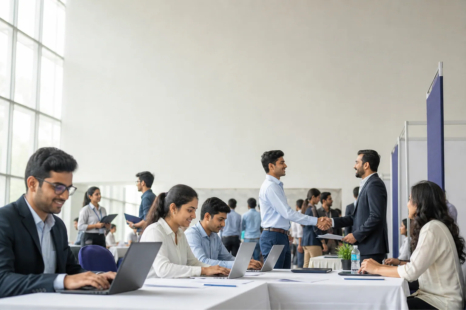 Professionals preparing career materials at a campus event